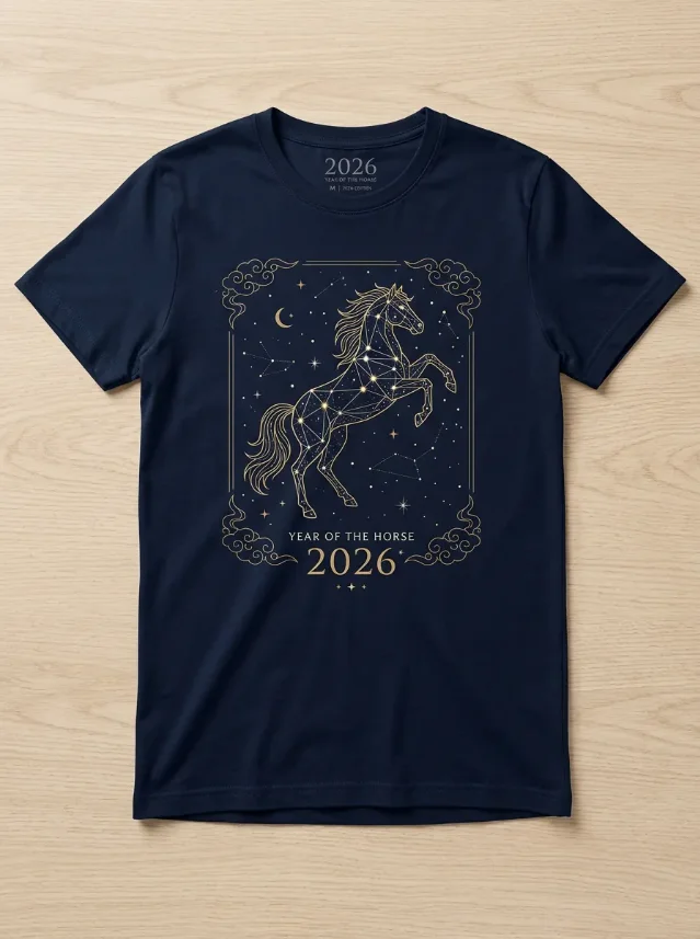 AI-generated design concept: Year of the Horse 2026 celestial zodiac art — constellation horse on navy tee, gold line illustration