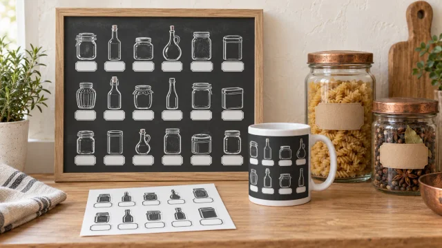 AI-generated product concept: a framed pantry-container plate, a printed mug and a blank jar-label sticker sheet on an oak counter