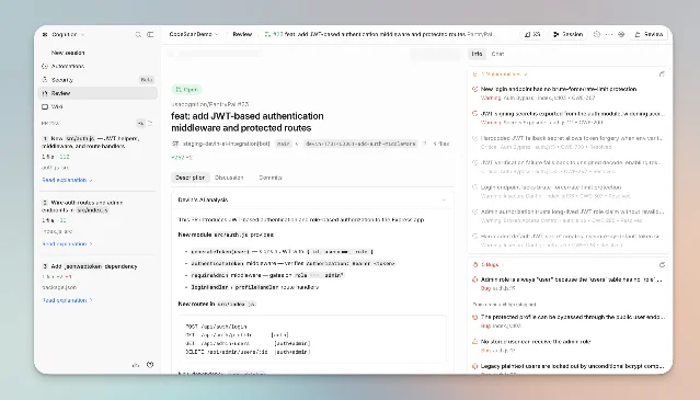 Devin Review security panel showing two warnings (CWE-307 and CWE-200) and five bugs flagged on a JWT authentication PR