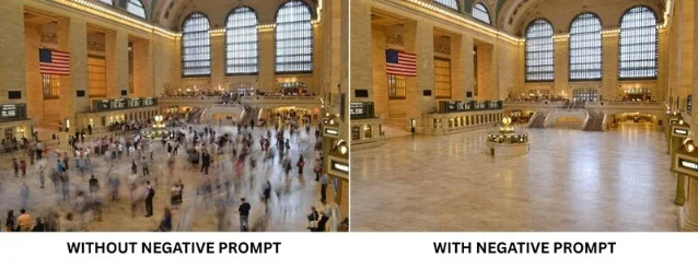 Before and after: --no crowds removes figures from a station hall