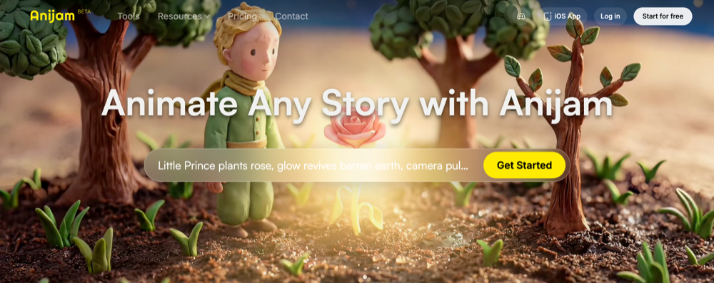 Anijam.ai 官网首页展示,粘土风格画面配「Animate Any Story with Anijam」,左侧显示 Production Workflow on the Canvas 功能面板