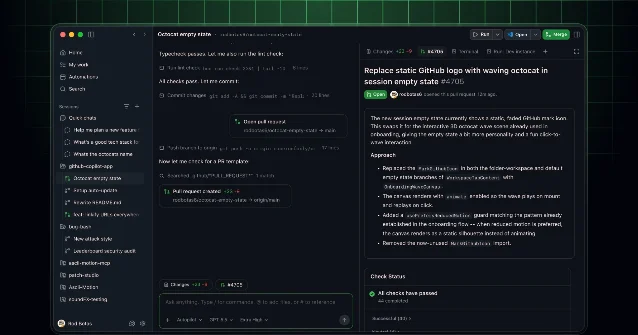 GitHub Copilot Desktop App showing an agentic session completing a pull request with all checks passing