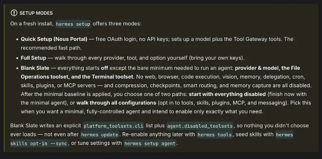 Hermes Agent setup mode selection screen showing Quick Setup, Full Setup, and Blank Slate options