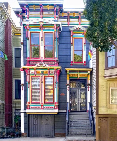 Vibrant Mission District Victorian house with colorful facade