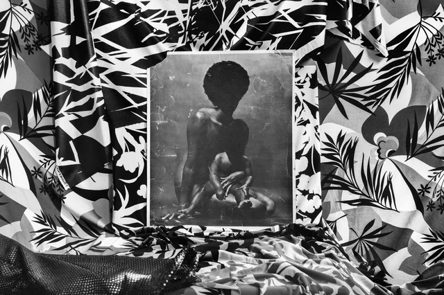 Keisha Scarville, Within/Between/Corpus (1), 2020 — black-and-white portrait over patterned fabric