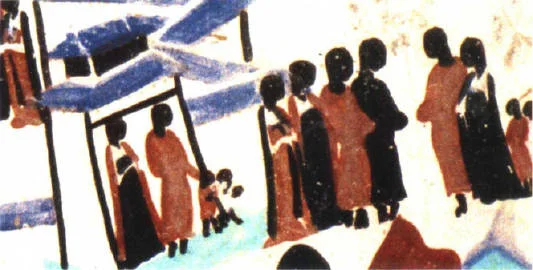 第 423 窟须达拏太子本生局部，家庭成员和求施者同处于连续叙事之中 