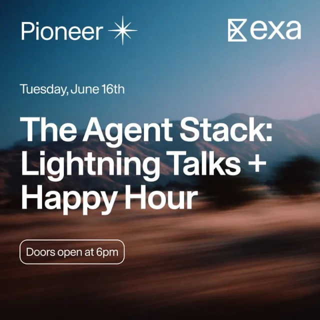 The Agent Stack poster — motion-blurred mountain landscape, Pioneer and exa logos, "Tuesday June 16, Doors open at 6pm"