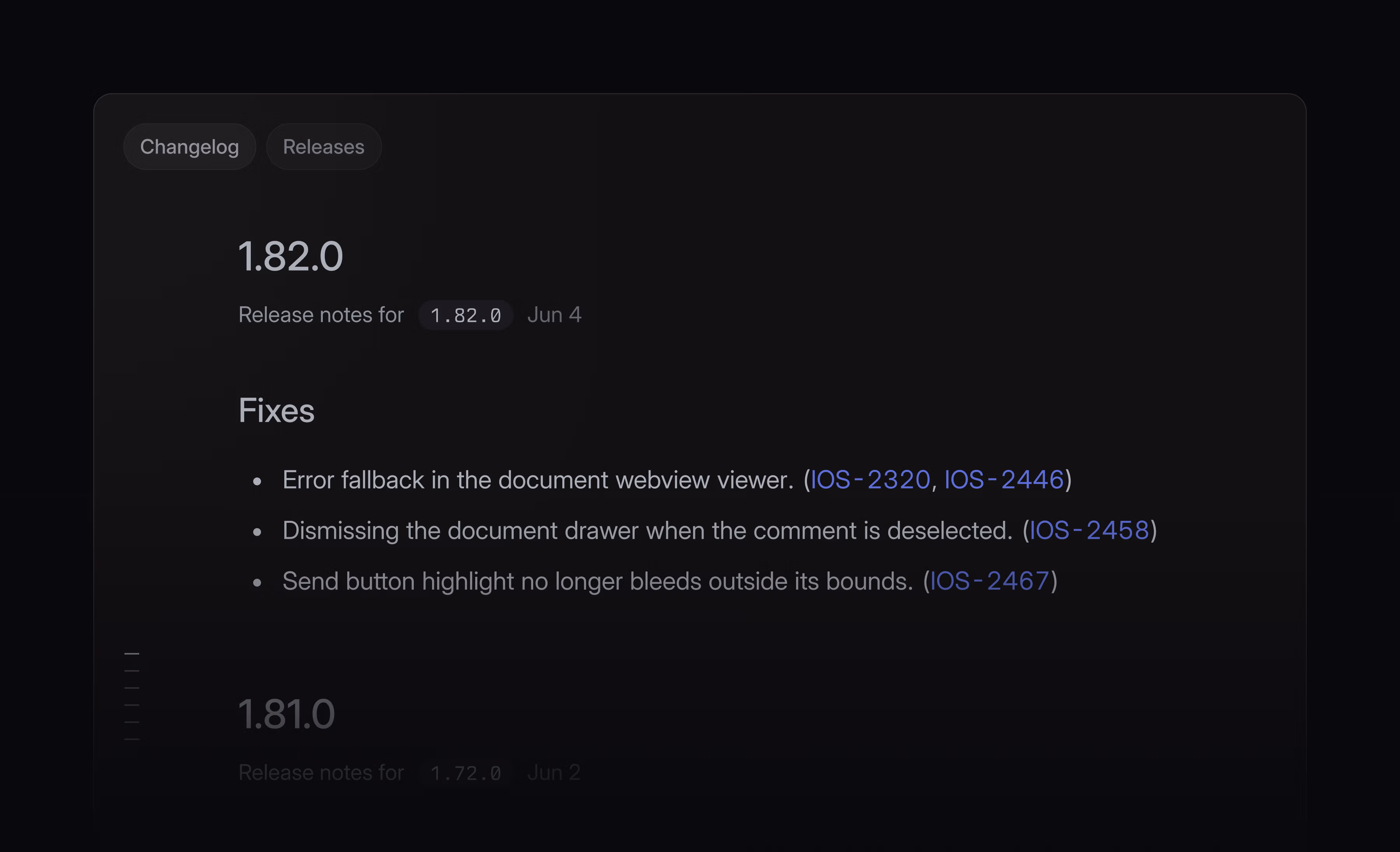 iOS release pipeline changelog showing versions 1.82.0 and 1.81.0 with fix descriptions and issue ID links