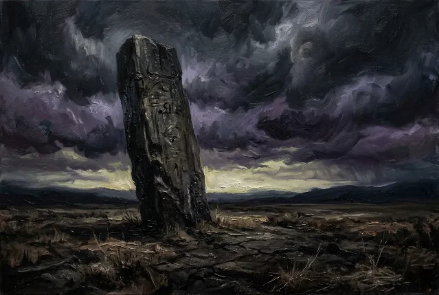 A weathered ancient stone monolith covered in eroded carvings stands alone on cracked barren earth under a churning violet and charcoal storm sky, pale light breaking at the distant horizon