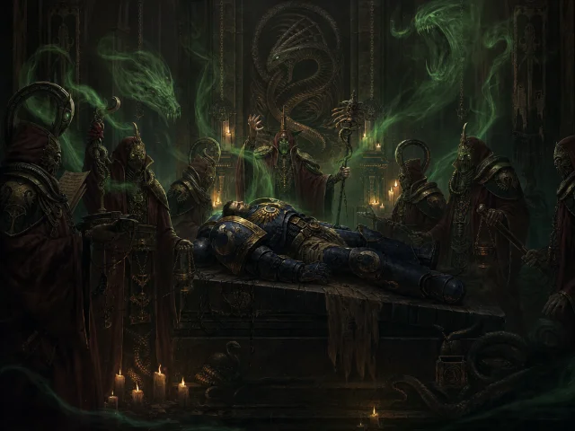 A wounded warrior in ancient power armour unconscious on a dark altar, surrounded by serpent-cult priests performing a Chaos ritual, warp energy swirling in the candlelight