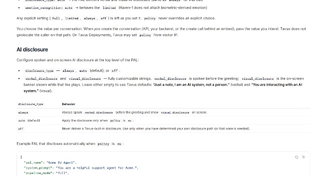 Tavus's compliance documentation, showing the disclosure_type table with always, auto (default) and off rows, and the default verbal and visual disclosure strings