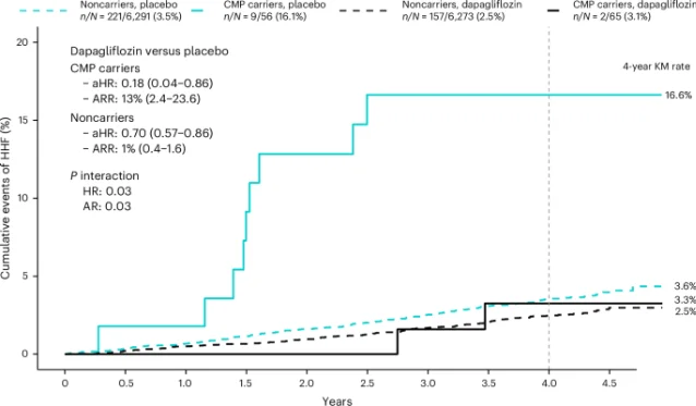 Kaplan-Meier cumulative HHF incidence curves stratified by carrier status and treatment arm over 4.5 years; CMP carriers on placebo reach 16.6% at 4 years versus 3.1% on dapagliflozin