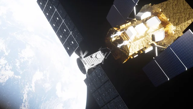 NASA artist concept of Katalyst's LINK robotic spacecraft (small, left) approaching NASA's Neil Gehrels Swift Observatory in Earth orbit