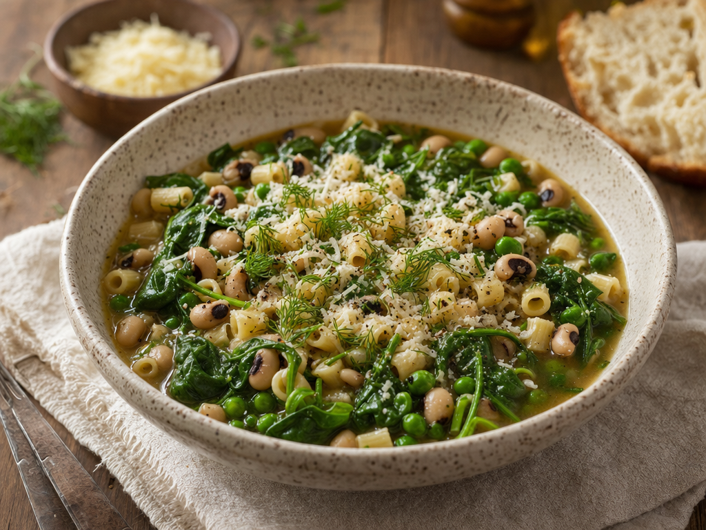 Brothy pasta bowl with spinach, peas, and Parmesan on a rustic table
