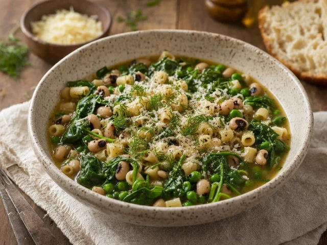 Brothy pasta bowl with spinach, peas, and Parmesan on a rustic table