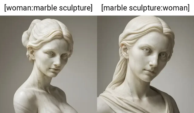 Token order A/B in Stable Diffusion — two female marble busts generated with concepts in opposite order show how first-position token dominates the output