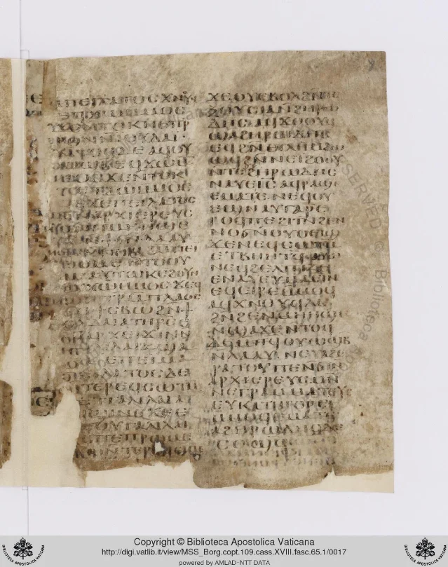 Fasc. 8r of Borg.copt.109.cass.XVIII.fasc.65.1 — the final text leaf recto, showing increased staining at the spine edge but legible Coptic majuscule throughout most of the page