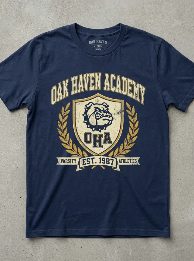 AI-generated design concept: heritage sports emblem t-shirt — fictional academy crest, navy tee, distressed varsity print