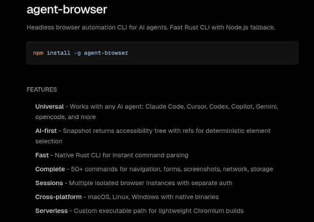 agent-browser feature overview showing universal agent compatibility, AI-first accessibility tree snapshot, native Rust speed, 50+ commands, session support, and cross-platform binaries