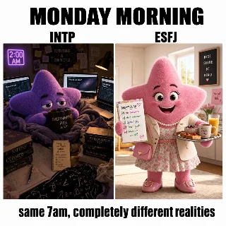 INTP vs ESFJ: Monday morning ☕💜🌸