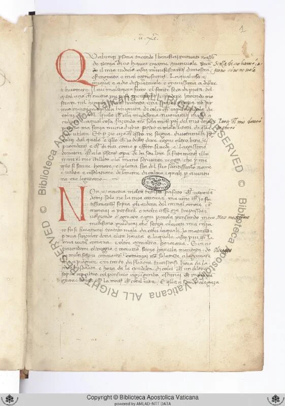 Folio 1r of Ott.lat.1755 — the incipit page with red decorated initial Q