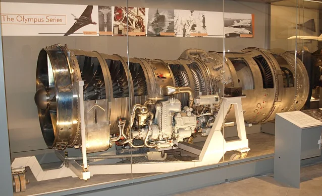 Olympus 593 displayed in museum section, showing the two-spool compressor, combustion section, and turbine stages