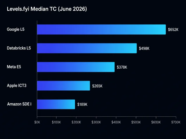 Compensation benchmark bar chart — FAANG + SaaS senior SWE TC medians, June 2026