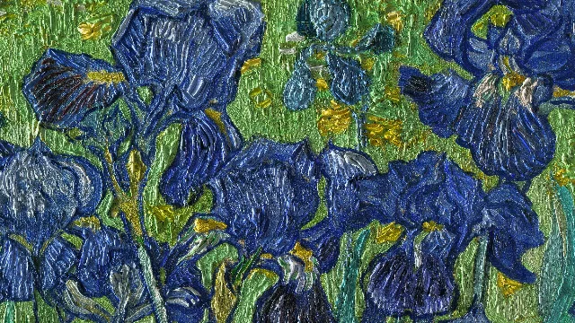 Detail of Van Gogh's impasto brushwork in *Irises* — directional strokes follow the curvature of each petal