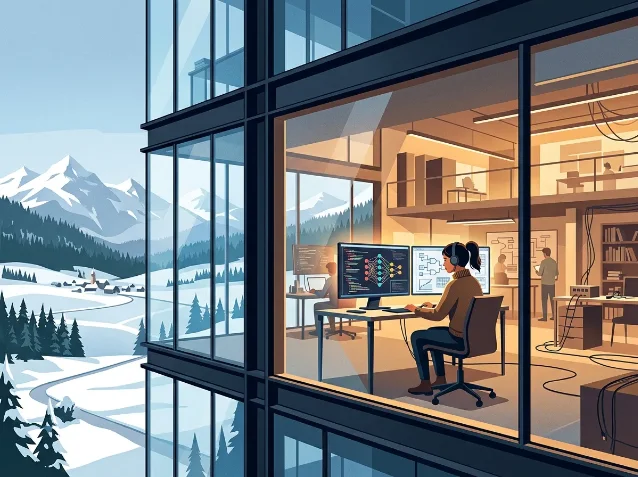 ML researcher at dual monitors with neural network visualizations, glass-walled research institute with alpine mountains in background