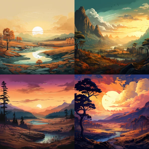 Clarity gradient technique — Midjourney examples: sunrise mountain valleys with sharp foreground texture, soft hazy distant peaks