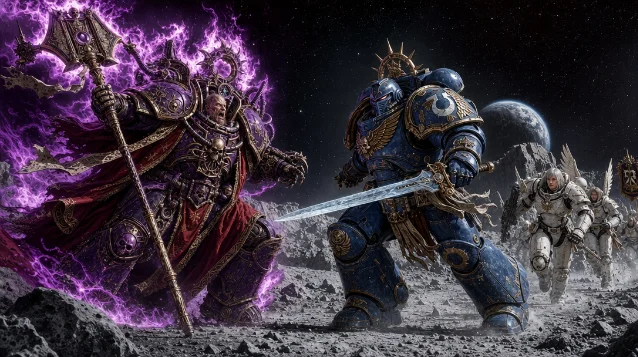 The duel on Luna — a psychic-fire-wreathed sorcerer clashes with a sword-bearing warrior in cobalt armour as white-armoured warriors arrive from the right