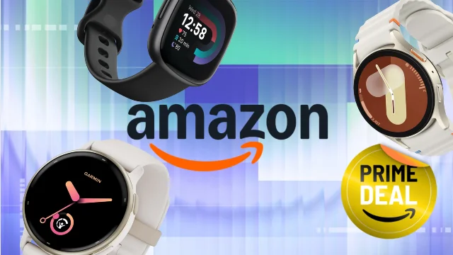 Garmin Vivoactive 5, Samsung Galaxy Watch 7, and Fitbit Versa 4 shown against Amazon logo and Prime Deal badge