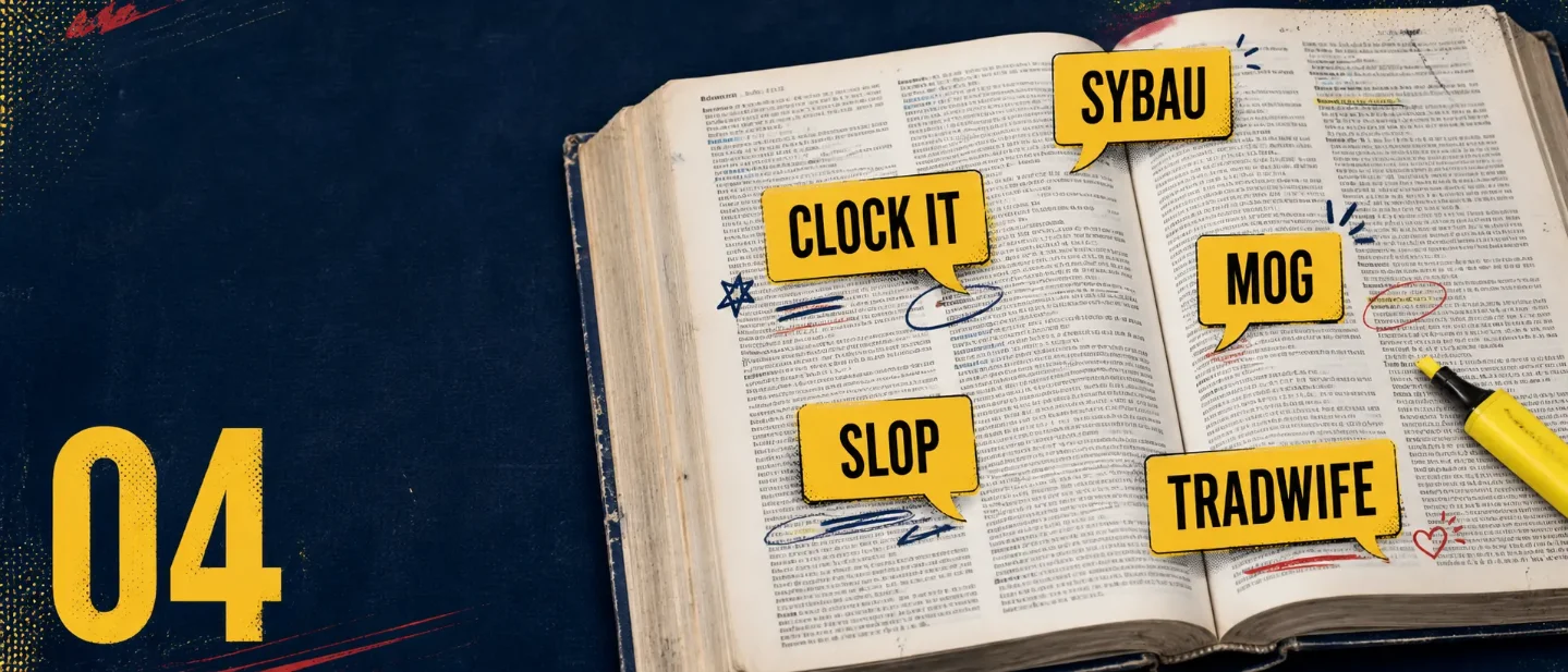 Global English Word Watch #4: SYBAU, clock it, mog, slop and tradwife