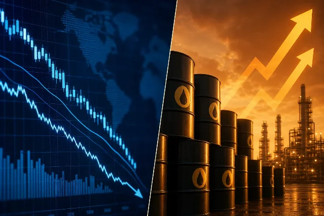 A split composition showing a downward market chart on one side and oil barrels with rising price arrows on the other, capturing the tension between cooling inflation and oil risk