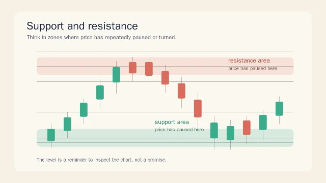 Teaching diagram showing support and resistance as reaction areas on a candlestick chart
