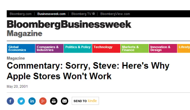 Bloomberg BusinessWeek headline from May 21, 2001: "Commentary: Sorry, Steve: Here's Why Apple Stores Won't Work"