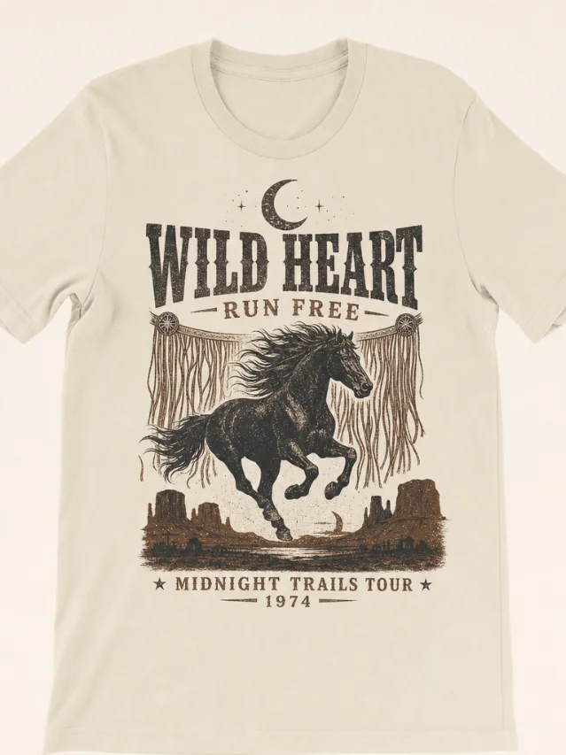 Boho Edge tee — dark western aesthetic with crescent moon, wild horse, leather fringe, "Wild Heart Run Free" rustic western typography on cream