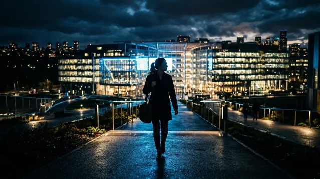 Researcher walking away from a glowing tech campus at night — the departure no one saw coming