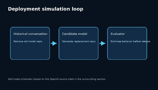 Deployment simulation loop from historical conversation to candidate response to evaluator