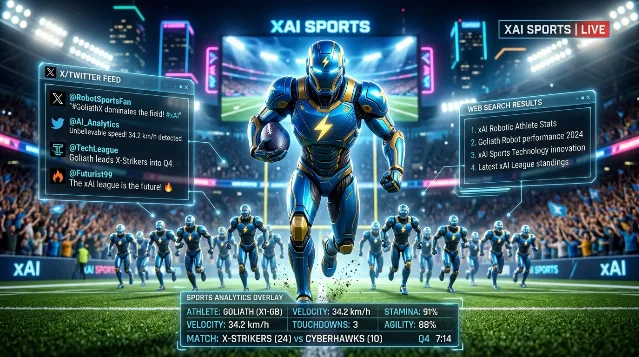 xAI Dynamo robot athlete with live X/Twitter feed and real-time web search panels, squad of agents in formation behind