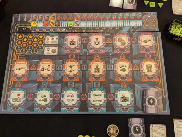 An in-progress Into the Machine board showing the terminal rows and the machine track.