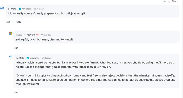 A Blind comment thread under a post asking what Rippling's AI Development Interview is: the top reply says you cannot really prepare for it, the poster replies that he plans to wing it, and a longer reply advises using AI as a junior developer you collaborate with, talking out loud constantly, rejecting its decisions, and using it for boilerplate and small regression tests