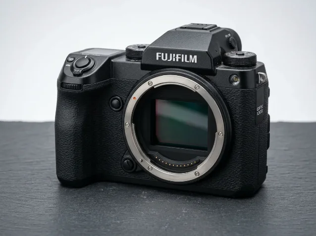 Fujifilm GFX medium format camera body — front view showing the large sensor mount