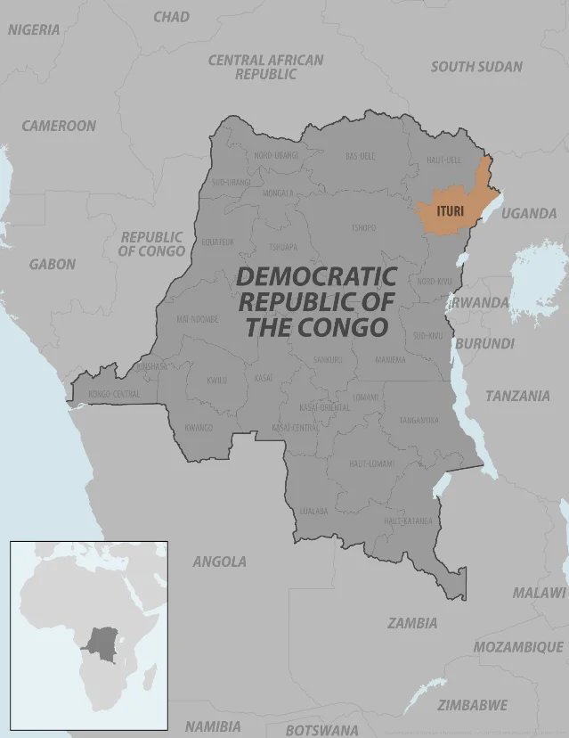 CDC map showing DRC administrative regions with Ituri Province highlighted in orange