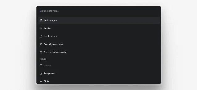 Linear Settings Quick Navigation command menu showing search results