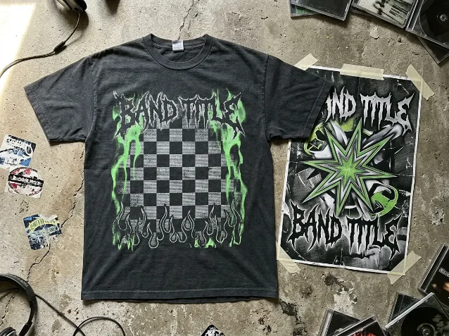 Older Brother Core product concept — charcoal tee with checkerboard and green flame graphic + nu-metal starburst poster on concrete floor