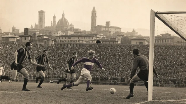 Dramatic late goal in a 1961 European final — AI-generated illustration