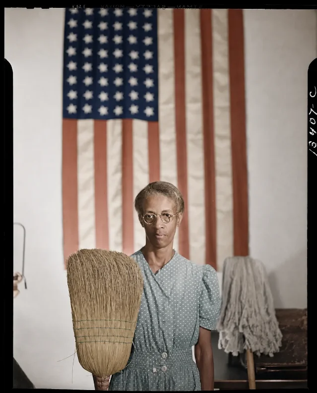 Simulated AI colorization of Gordon Parks's portrait of Ella Watson.