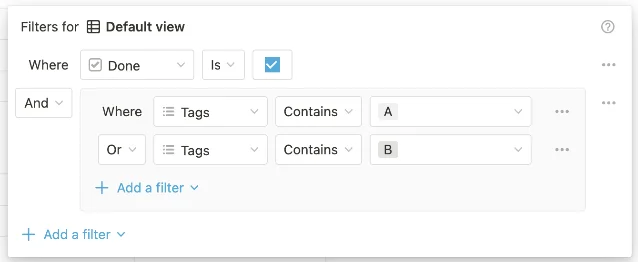 Notion UI compound filter chain showing AND/OR groupings mirroring the API filter object structure