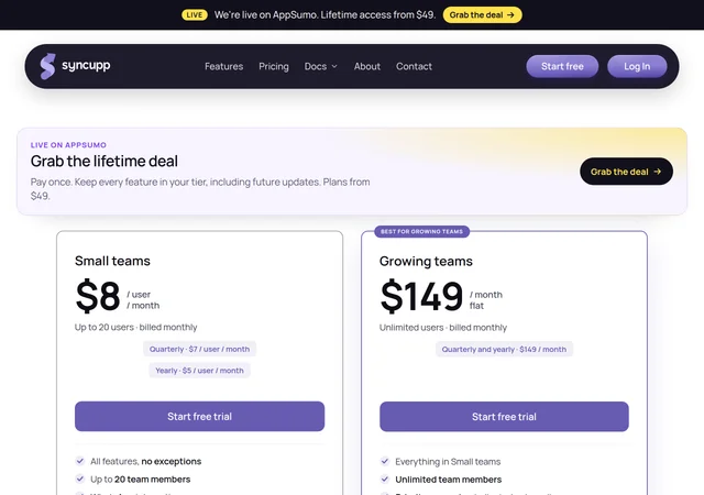 Syncupp's pricing page, showing $8 per user per month on monthly billing, $5 per user on yearly billing, and a $149 flat plan for unlimited users